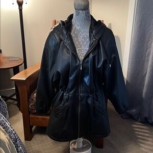 Long Black 100% Leather Jacket wi. No brand name.